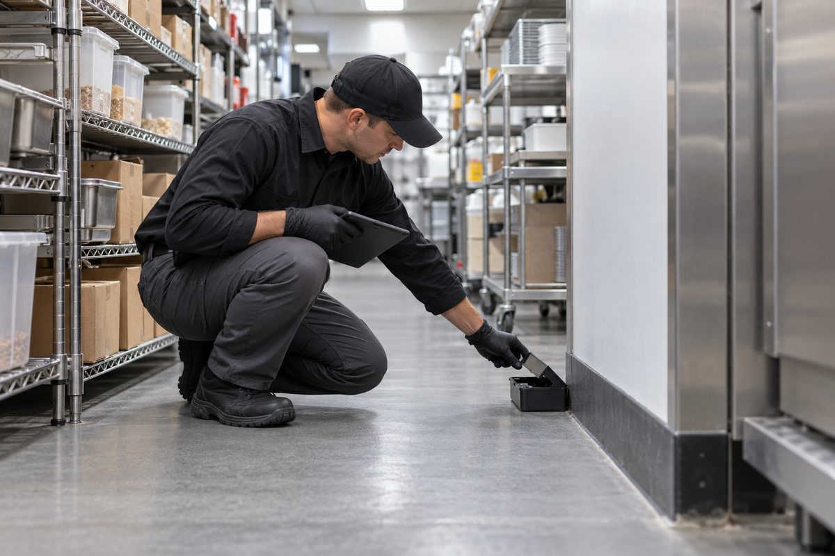 Illustrative pest-control scene: property assessment
