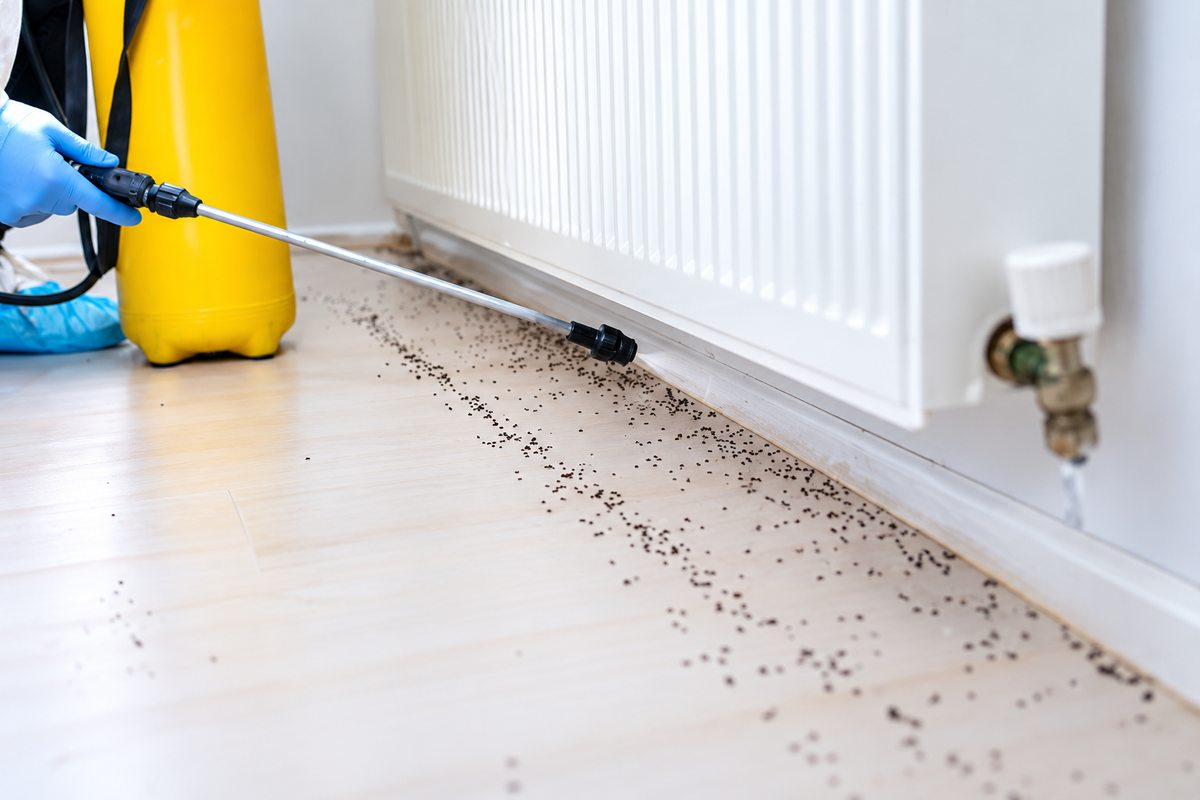 Targeted indoor application along a wall edge.